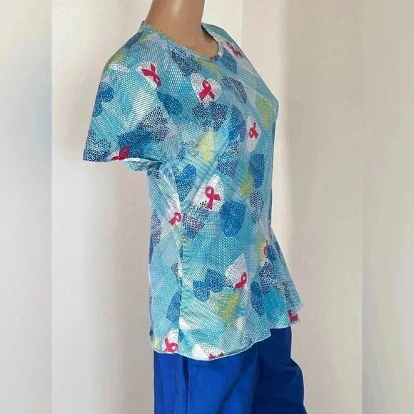 Flex Scrub Top Breast Cancer Awareness Stretchy W/Side Seam Pockets Size Large - Picture 3 of 9